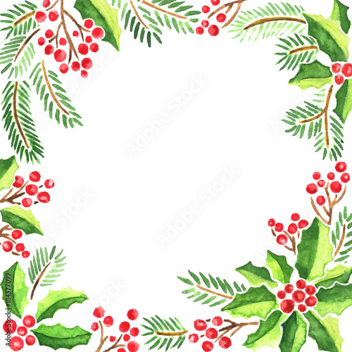 Watercolor Christmas card with evergeen plants. Frame composition of mistletoe, fir tree branches and holly with red berries