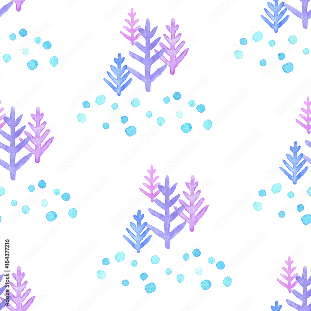Watercolor seamless pattern with fir trees and snow. Christmas and New Year background