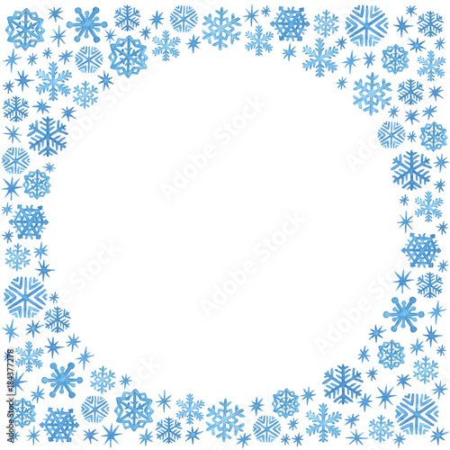 Watercolor Christmas and New Year template with a frame of blue hand painted snowflakes and sparkles
