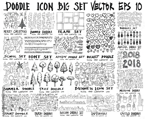 MEGA set of doodles vector. Super collection of christmas, ribbon, frame, heart, school, font, arrow, summer, tree, business, sport, party, info, shopping, bubble, city scape, avatar, cactus, easter, 
