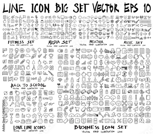 set of line icon vector fitness, media, weather, music, school, wedding, business eps10