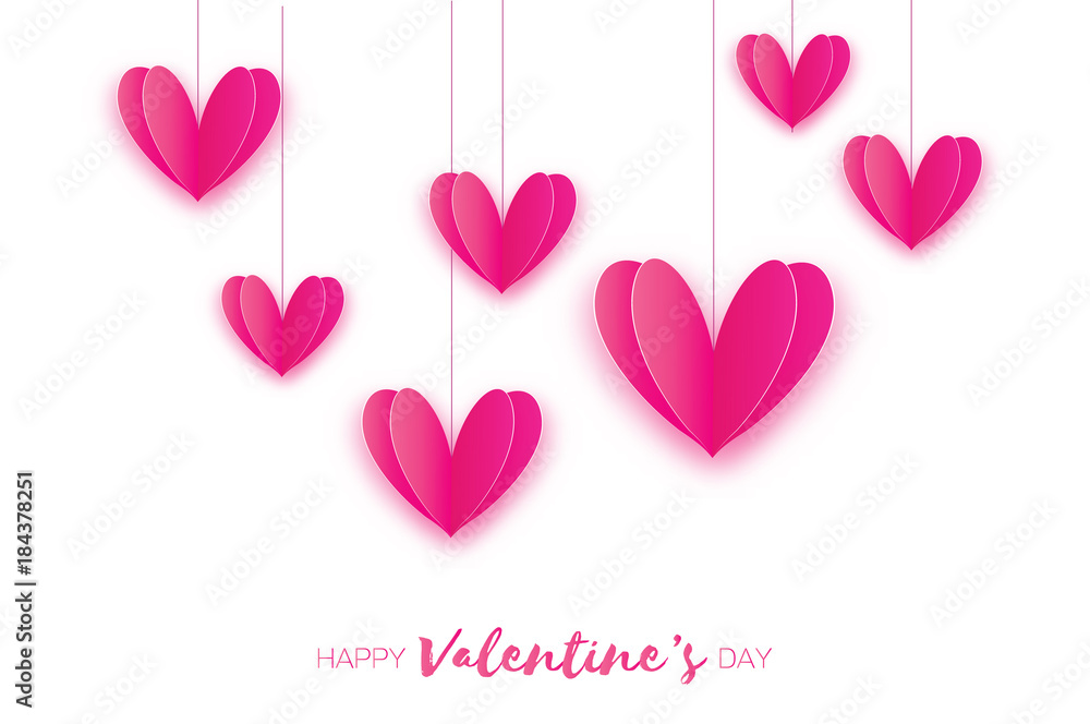 Seven Love Pink Hearts in paper cut style. Romantic Holidays. Origami Valentine's Day Greetings Card. 14 February.