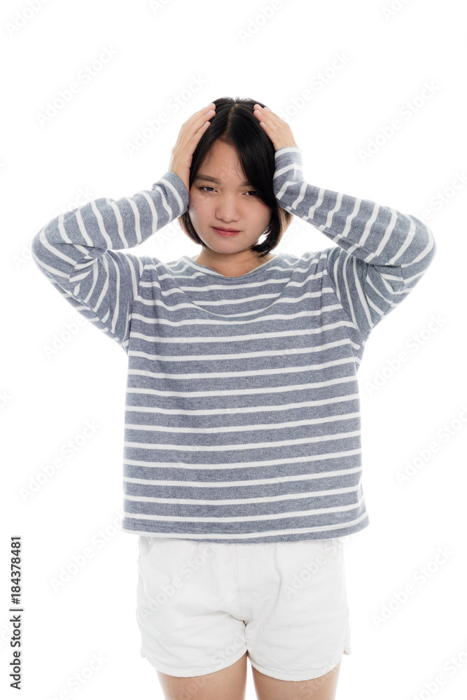 Beautiful asian woman having a headache, portrait studio on white background Beautiful asian woman having a headache, portrait studio on white background