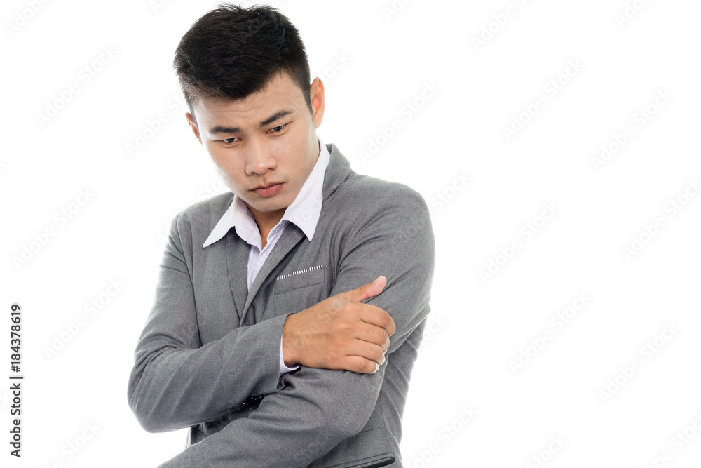 Portrait of a business man having an arm pain. Isolated on white background Portrait of a business man having an arm pain. Isolated on white background