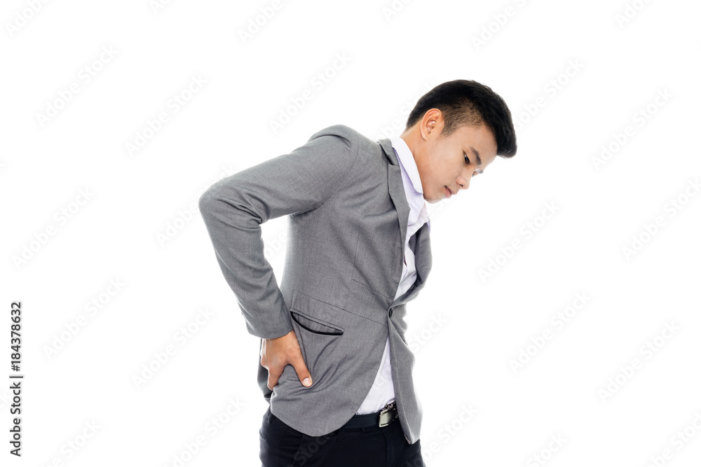 Portrait of a business man with lumbago. Isolated on white background Portrait of a business man with lumbago. Isolated on white background
