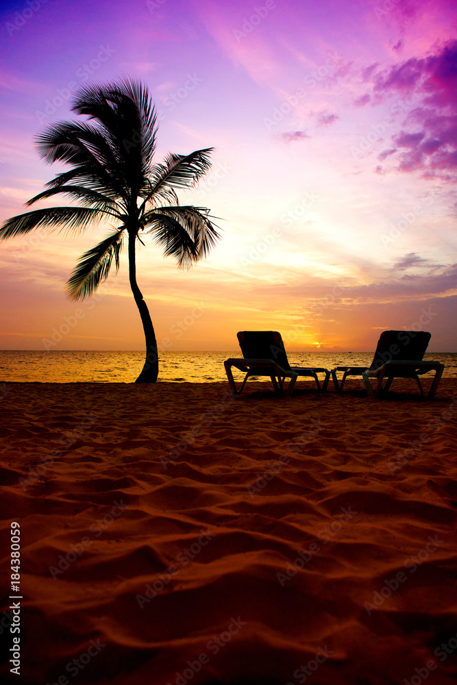 Naklejka premium Beautiful sunrise on the ocean coast, palm tree and sun loungers.