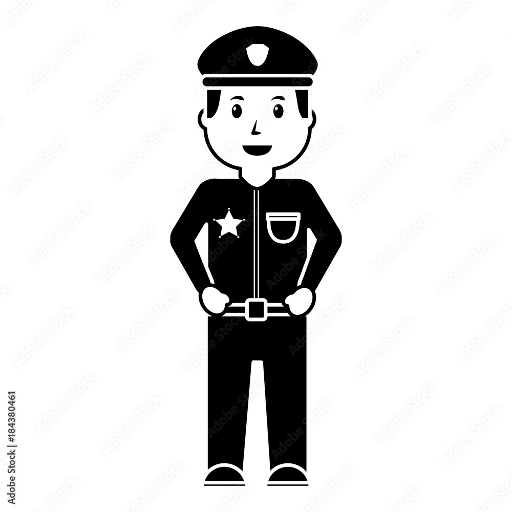 standing policeman smiling uniform and cap vector illustration black image