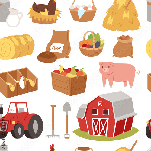 Farm vector tools and symbols house, traktor cartoon farming village symbols animal and vegetables agriculture farmland illustration seamless pattern background