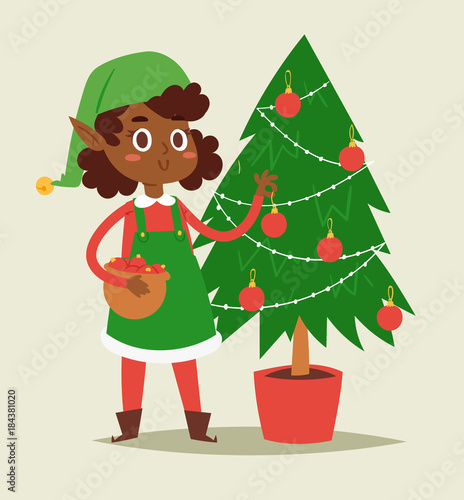 Christmas elfs kids vector children Santa Claus helpers cartoon elfish girl young characters traditional costume celebrated
