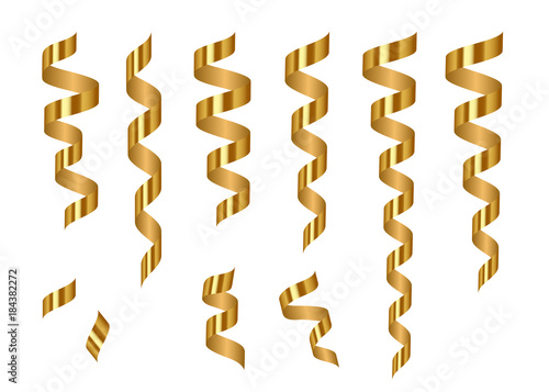 Gold shiny serpentine ribbons isolated on transparent background.
