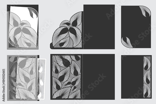 Set template card, envelope and postcard with line sheets for laser cutting. Invitation, congratulation, wedding, save the date, Valentine's Day. Laser, plotter cut paper card.