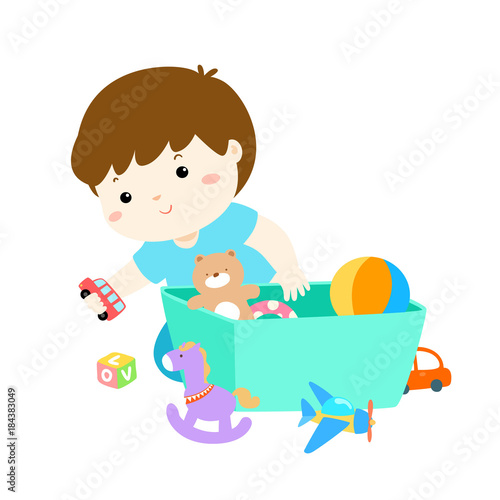 Illustration of kid boy storing toys.