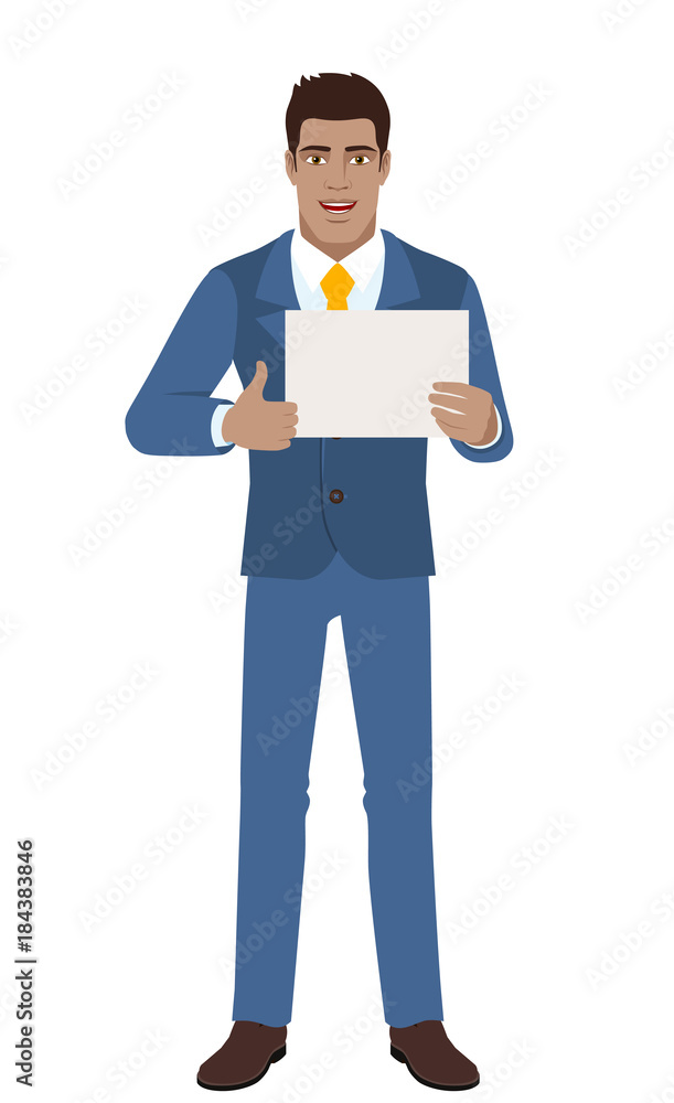 Businessman showing thumb up and showing the blank paper Businessman showing thumb up and showing the blank paper