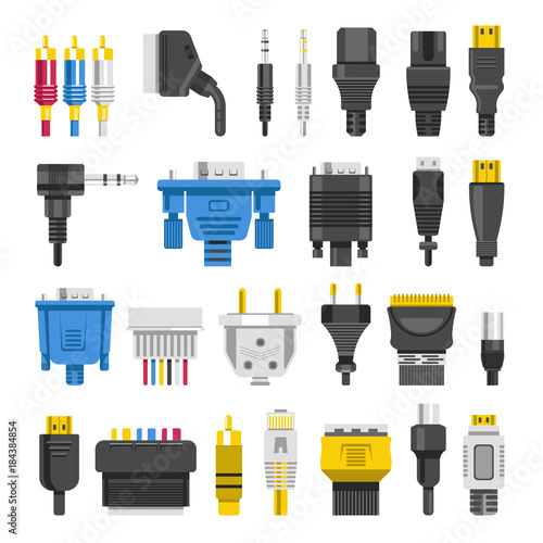 Cable ports jacks different digital outputs vector flat isolated icons