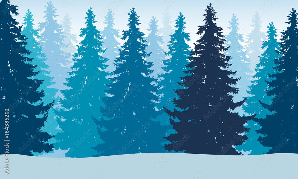 Fototapeta premium Vector illustration of winter forest with snow and mist, suitable as Christmas card