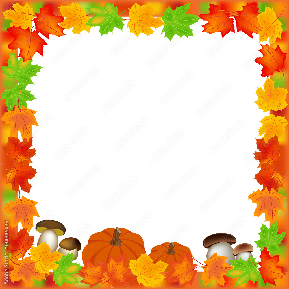 Edible mushrooms and ripe yellow pumpkin in decorative frame of autumn leaves. Leaves, pumpkin and mushrooms isolated on white background. Vector. Edible mushrooms and ripe yellow pumpkin in decorative frame of autumn leaves. Leaves, pumpkin and mushrooms isolated on white background. Vector.