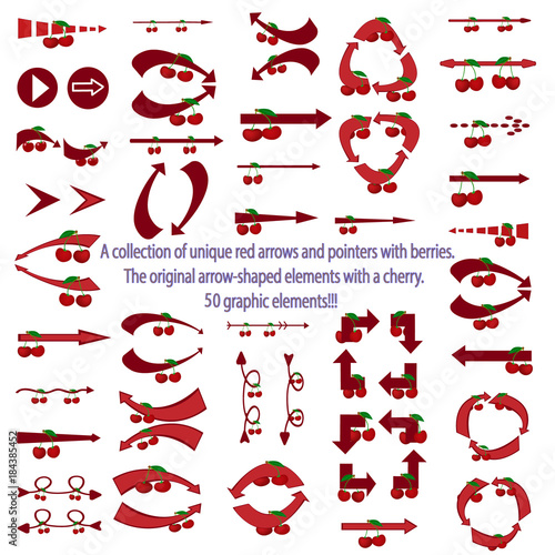 Set of red arrows. A collection of unique red arrows and pointers with berries. The original arrow-shaped elements with cherry. Vector illustration.
