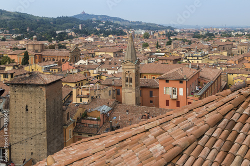 View of the San Paolo Maggiore basilica, the church of San Giovanni Battista dei Celestini and the Torre Galluzzi from the rooftop of  the San Petronio basilica, Bologna, Emilia Romagna, Italy. photo