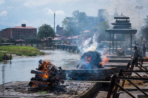 Cremation ceremony at Pashupatinath temple on the Bagmati River. photo