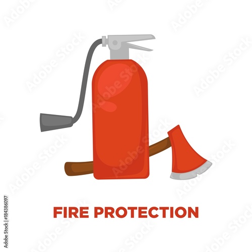 Fire protection extinguisher and axe vector flat icon for information and firefighting instruction design template