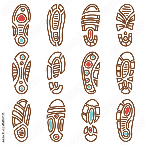 Footprints vector icons of boot shoe sole track print pattern