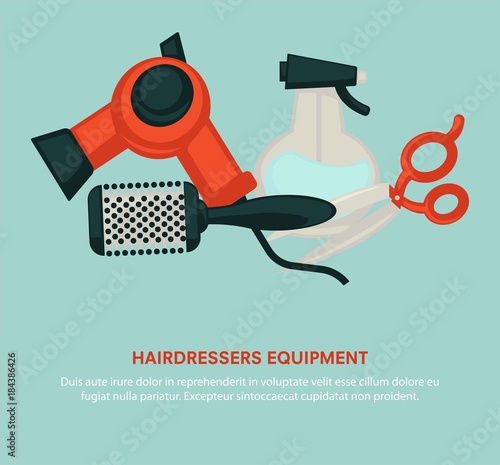 Hairdresser equipment beauty salon poster vector hair dryer, hairbrush comb and scissors