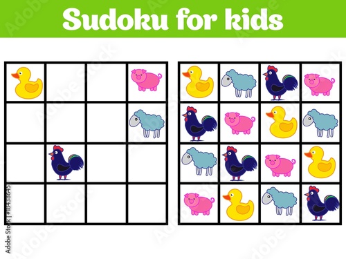 Sudoku game for children with pictures. Logic game for preschool children. rebus for children. Educational game vector illustration