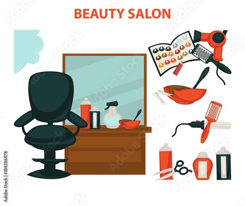 Hairdresser or hair beauty salon hairdressing equipment vector flat icons