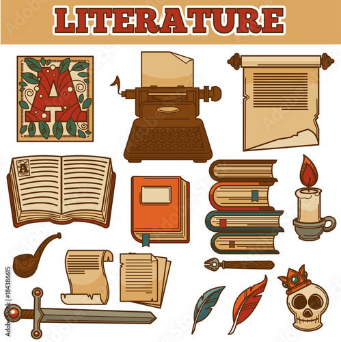Literature old vintage books and writer quill ink pen typewriter vector icons