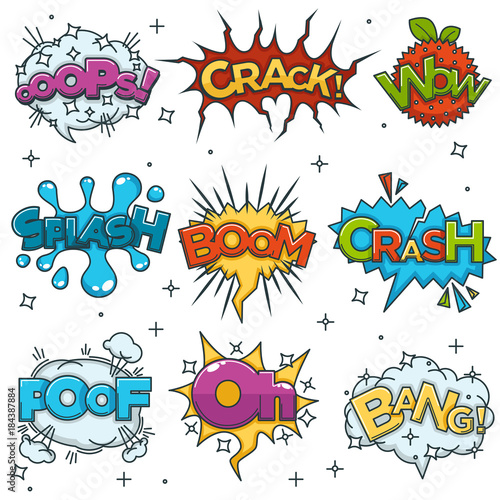 Comic boom, bang wow speech bubble cloud explode cartoon vector icons