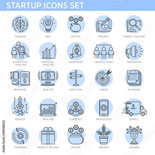 Startup concept line icons vector set business project marketing conceptual strategy