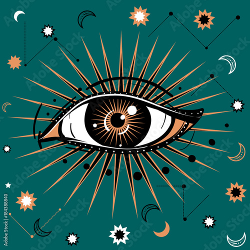 Vector illustration with All-seeing eye symbol. Celestial background. Retro and boho style.