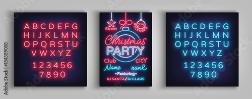 Christmas party vector template brochure. Christmas card design is designed in neon style. Neon banner, bright luminous advertising for your Christmas projects. Editing text neon sign. Neon alphabet
