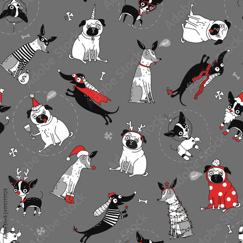 funny seamless texture with dogs in christmas costumes, vector illustration