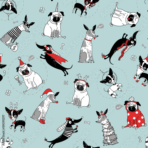 funny seamless texture with dogs in christmas costumes, vector illustration