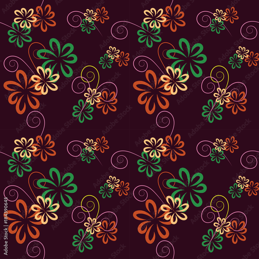 Raster seamless pattern from stylized flowers on claret background