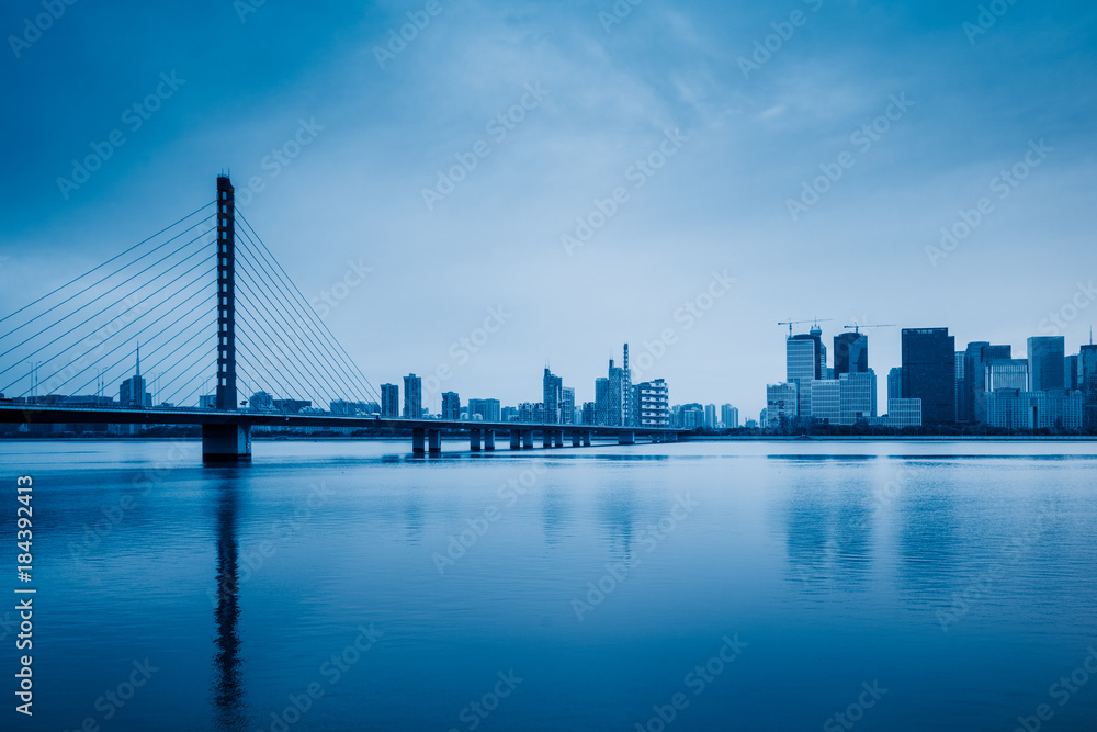 Fototapeta premium modern landmark bridge over the river at twilight