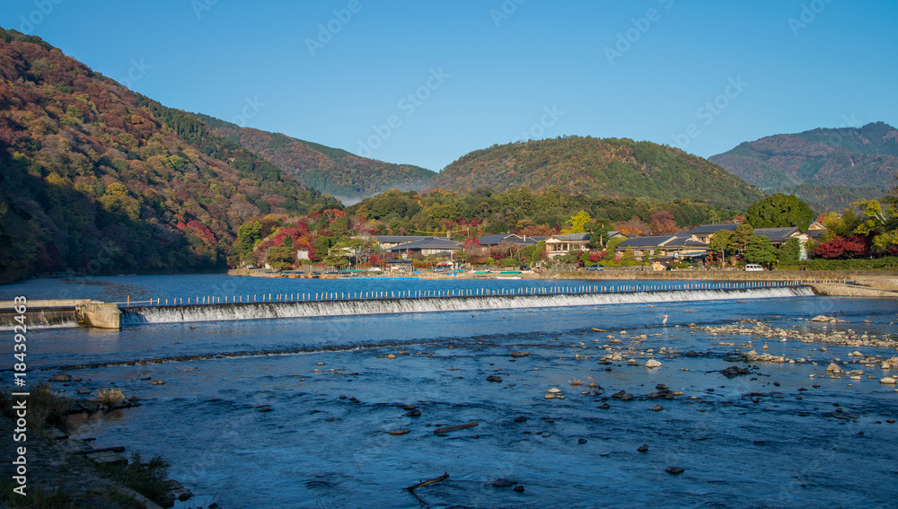 Arashiyama in beautiful autumn season colours, Kyoto, Japan.