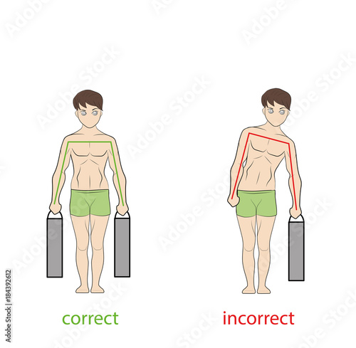 correct and incorrect posture to bear a heavy load. vector illustration.