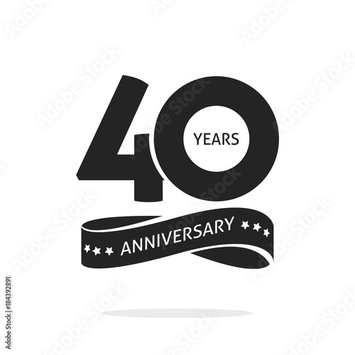 40 years anniversary logo template isolated on white, black and white stamp 40th anniversary icon label with ribbon, forty year birthday seal symbol