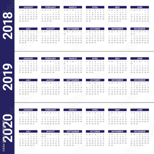 Year 2018 2019 2020 calendar vector