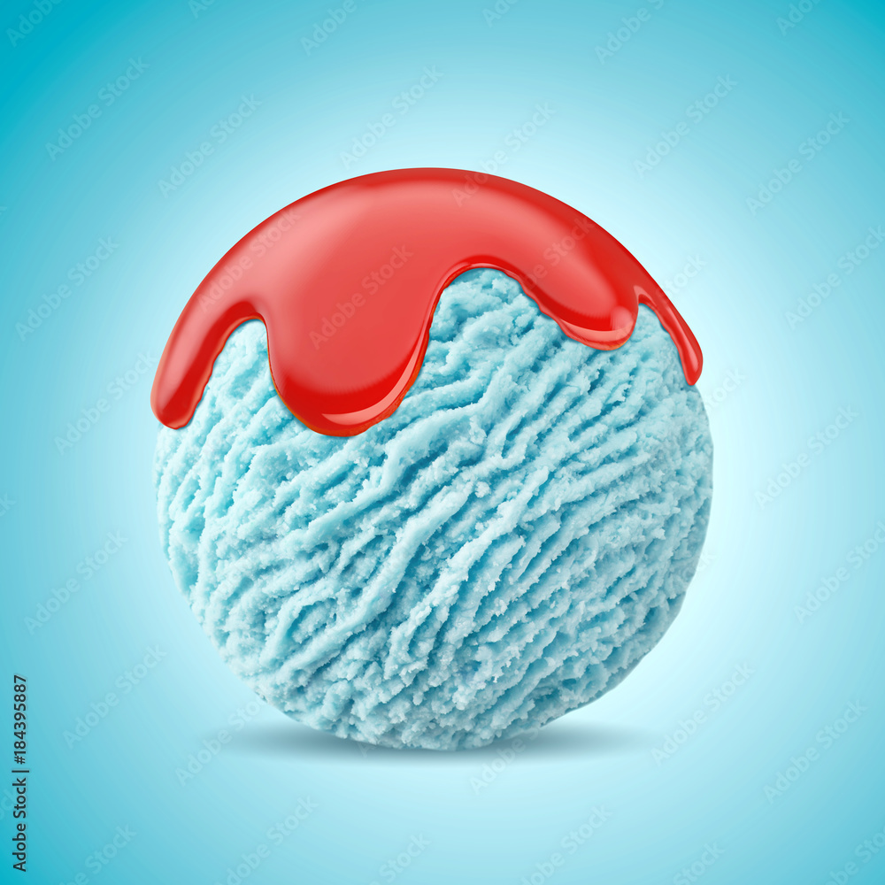 smurf ice cream scoop with strawberry sauce, red syrup topping on