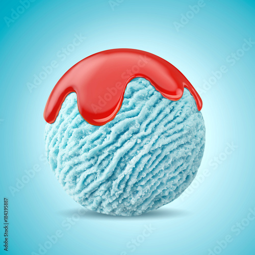 Canvastavla smurf ice cream scoop with strawberry sauce, red syrup topping on smurfs bubble