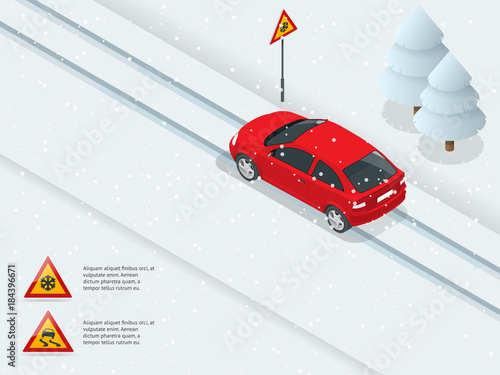 Isometric slippery, ice, winter, snow road and cars. Caution Snow. Winter Driving and road safety. Urban transport.