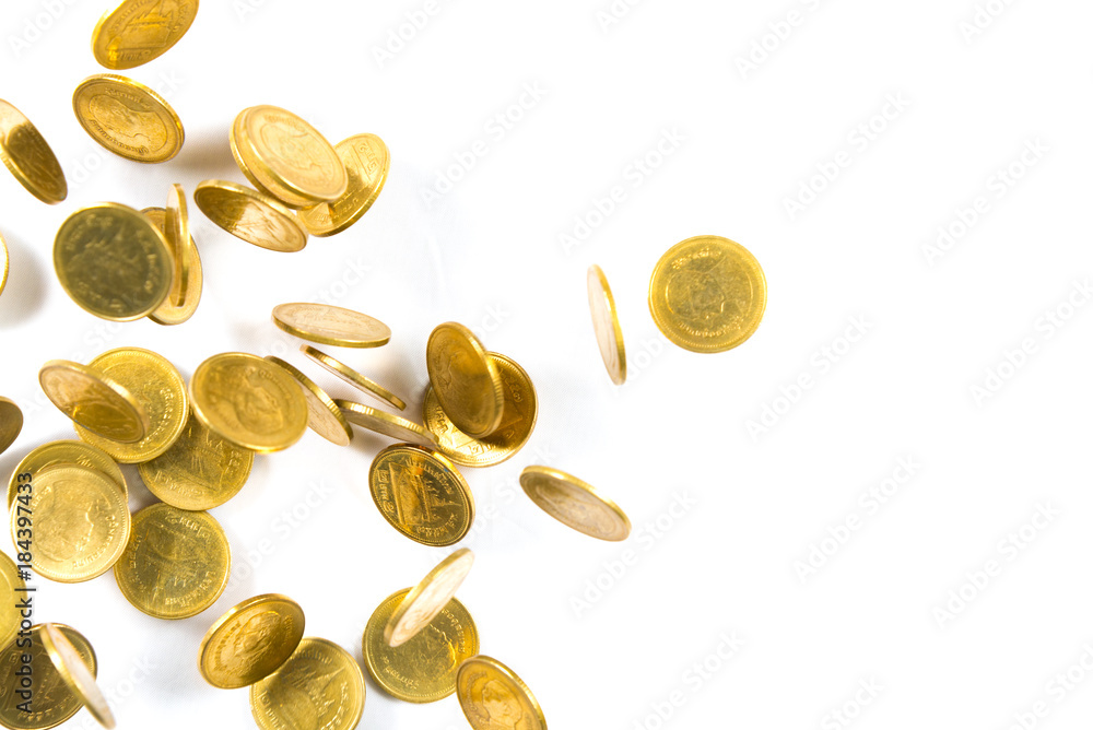 Top view of Falling gold coins money isolated on the white background, business concept. Top view of Falling gold coins money isolated on the white background, business concept.