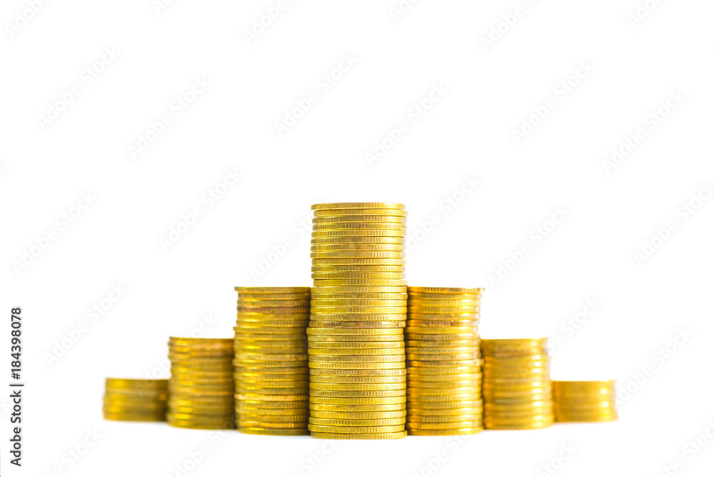 Increasing columns of coins, piles of gold coins arranged as a graph isolated on white background Increasing columns of coins, piles of gold coins arranged as a graph isolated on white background
