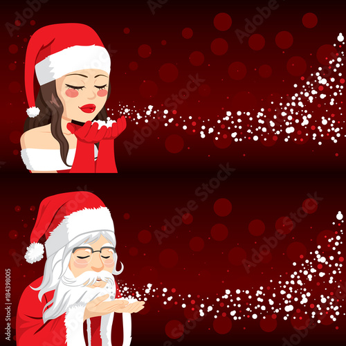 Young woman and old Santa Claus blowing Christmas magic snow on red bright dark background