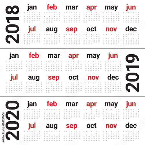 Year 2018 2019 2020 calendar vector