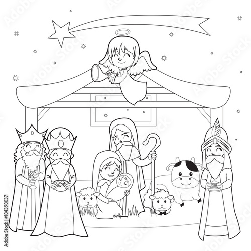 Monochrome line coloring art illustration of Nativity scene