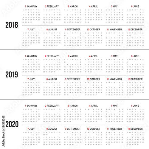 Year 2018 2019 2020 calendar vector